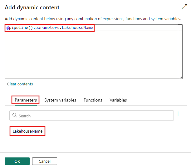 Screenshot che mostra la finestra Aggiungi contenuto dinamico con un parametro della pipeline selezionato.