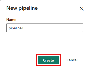 Screenshot che mostra la richiesta di creazione della nuova pipeline con un nome di pipeline di esempio.