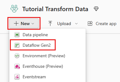 Screenshot che mostra dove iniziare a creare un dataflow gen2.