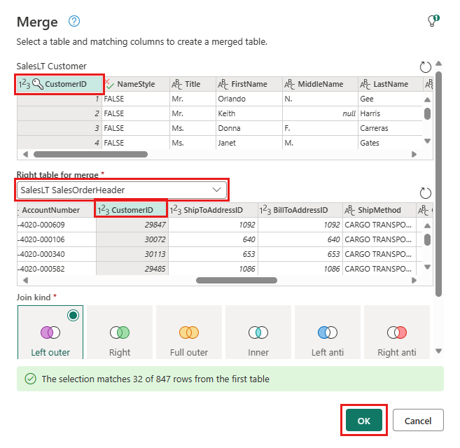 Screenshot della schermata di configurazione di unione.