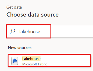 Screenshot che mostra la selezione dell'origine dati Lakehouse dal menu Scegli origine dati.