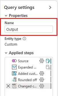 Screenshot che mostra la ridenominazione della query da Unisci a Output.