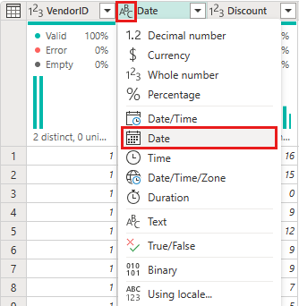 Screenshot che mostra la selezione del tipo di dati Date per la colonna Date.