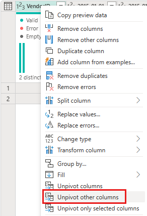 Screenshot che mostra il menu di scelta rapida per la colonna VendorID con la selezione Unpivot di altre colonne evidenziata.