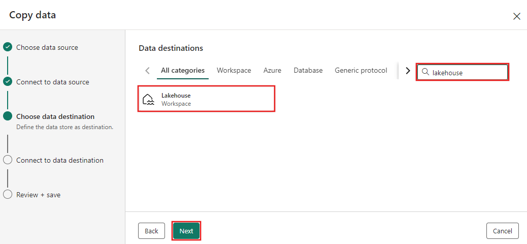 Screenshot showing the selection of the Lakehouse destination on the Choose data destination tab of the Copy data assistant.