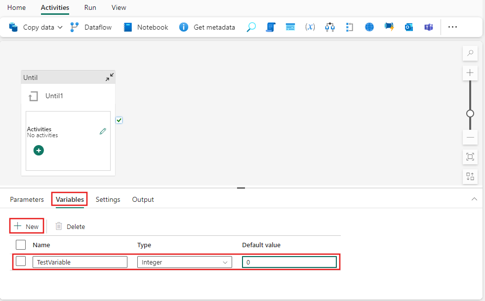 Screenshot che mostra la scheda Variabili della pipeline con una variabile aggiunta denominata TestVariable, con il relativo valore impostato su 0.