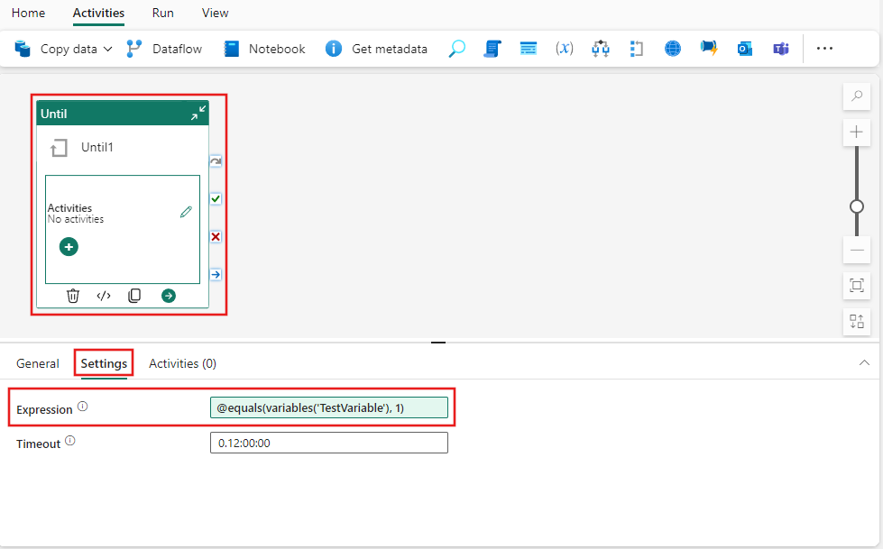 Screenshot che mostra l'espressione per l'attività Until.