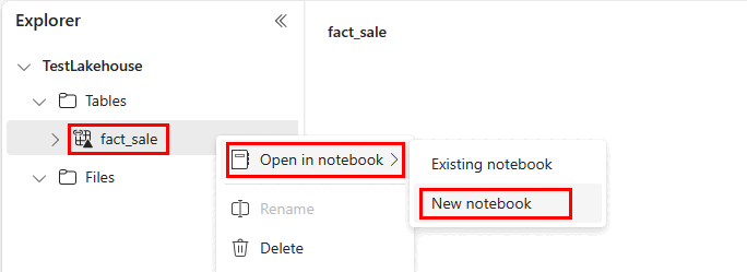 Screenshot del portale di Fabric in cui un utente apre un notebook Spark per eseguire una query sul collegamento warehouse.