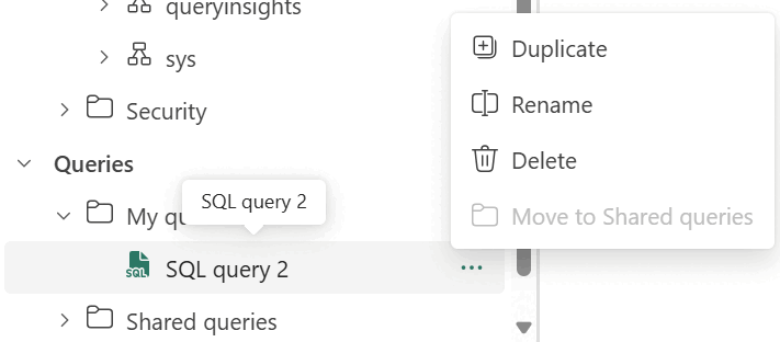 Screenshot del riquadro Explora nel portale di Fabric, che mostra dove fare clic con il pulsante destro del mouse sulla query e selezionare Rinomina.