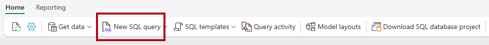 Screenshot della barra multifunzione Home, evidenziando l'opzione Nuova query SQL.