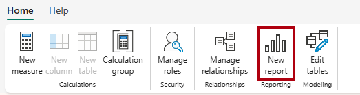 Screenshot della barra multifunzione Home della finestra di progettazione modelli, con l'opzione Nuovo report.
