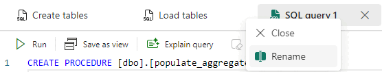 Screenshot delle schede nella schermata dell'editor, che mostra dove fare clic con il pulsante destro del mouse sulla query e scegliere Rinomina.