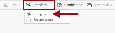 Screenshot dell'elenco a discesa Trasforma, evidenziando l'opzione Raggruppa per.
