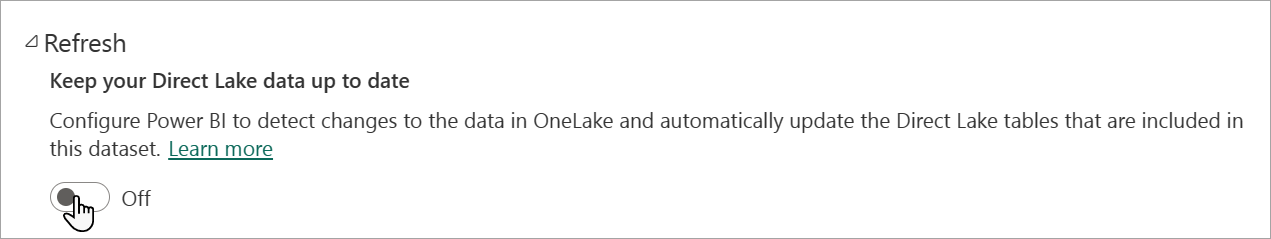 Screenshot dell'opzione di aggiornamento Direct Lake nelle impostazioni del modello.