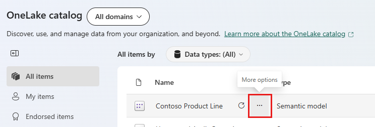 Screenshot del menu delle opzioni di un elemento nel catalogo OneLake.