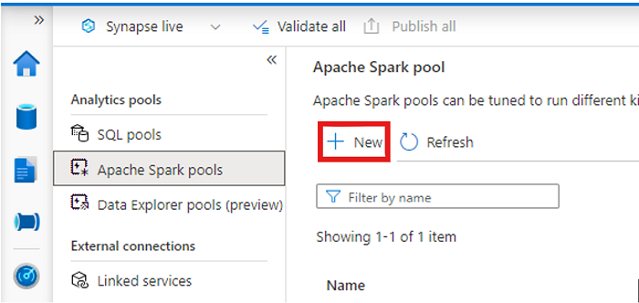 Screenshot che mostra dove selezionare Nuovo nella schermata del pool di Apache Spark.