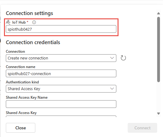 Screenshot che mostra le impostazioni di connessione per l'hub IoT con il nome dell'hub IoT.