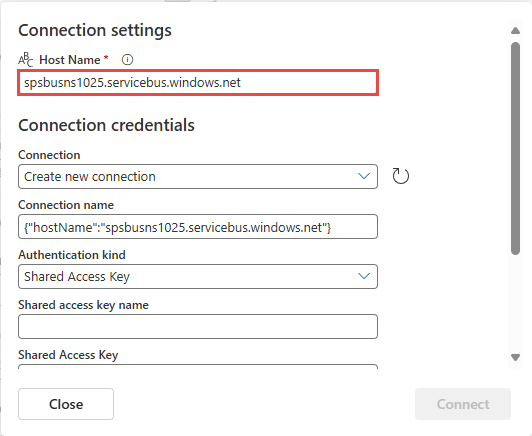 Screenshot che mostra le impostazioni di connessione con bus di servizio spazio dei nomi specificato.