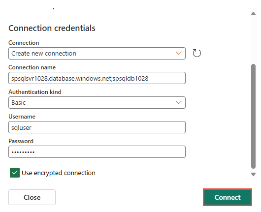 Screenshot che mostra le Credenziali di connessione della pagina Nuova connessione.