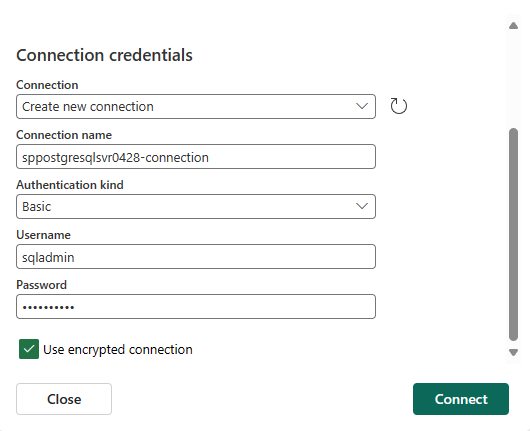 Screenshot che mostra la sezione Credenziali di Connessione per il connettore di database PostgreSQL di Azure.