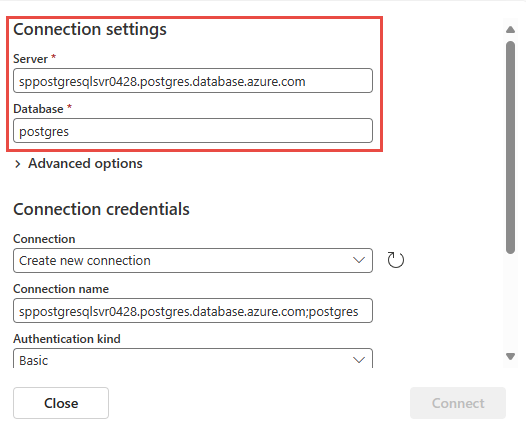 Screenshot che mostra la sezione Impostazioni di Connessione per il connettore di database PostgreSQL di Azure.