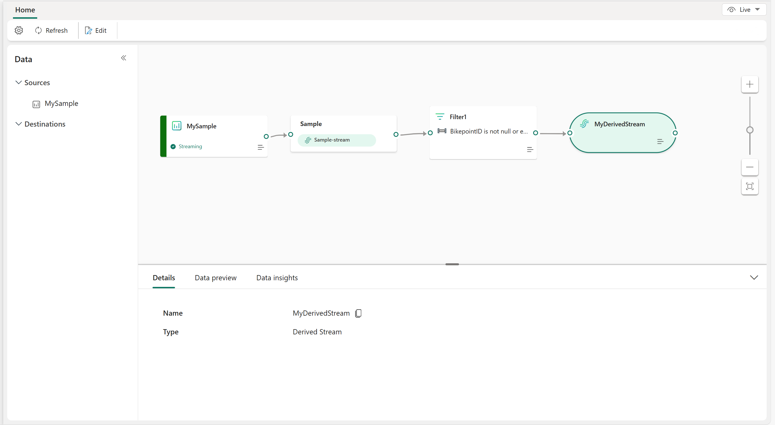 Screenshot dell’eventstream nella Visualizzazione in diretta con il riquadro Dettagli.