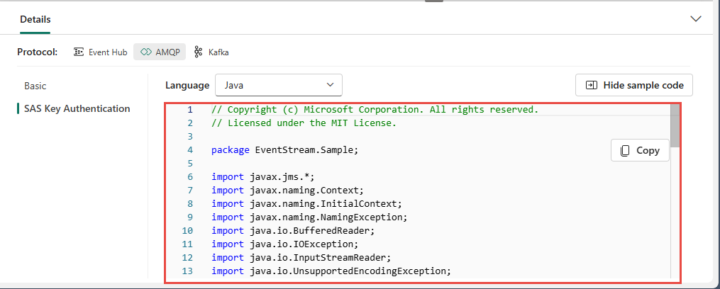 Screenshot che mostra il codice di esempio AMQP nel riquadro Dettagli della visualizzazione live eventstream.