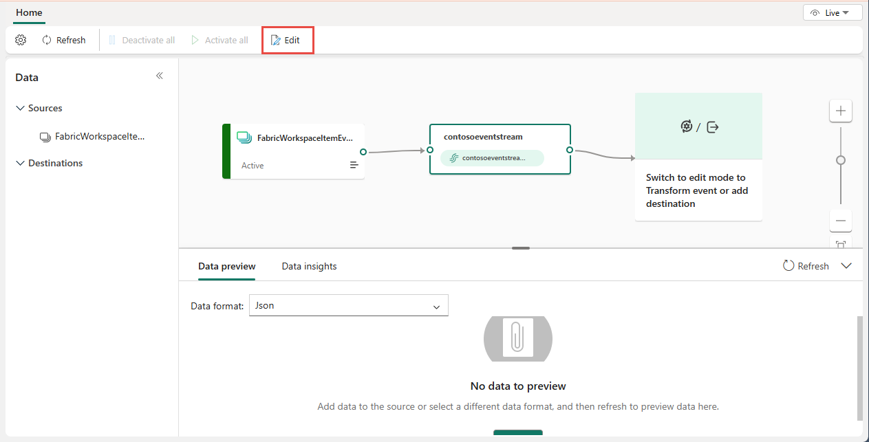 Screenshot degli eventi dell'elemento dell'area di lavoro Fabric nella visualizzazione live, in cui è possibile selezionare Modifica.