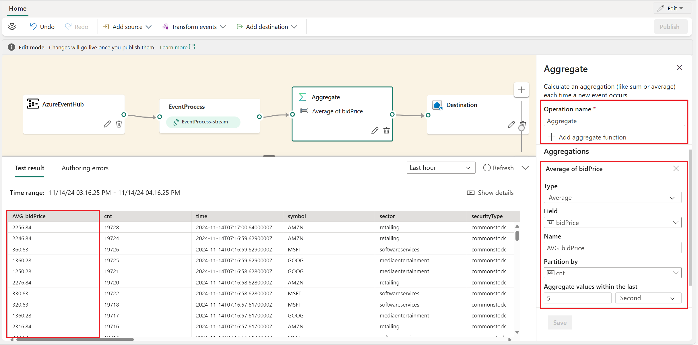 Screenshot che mostra la configurazione dell'operatore di aggregazione e il risultato del test.