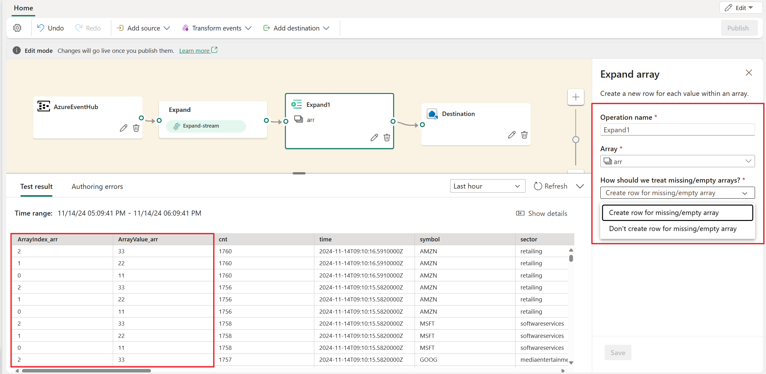 Screenshot che mostra la configurazione e il risultato del test dell'operatore expand.