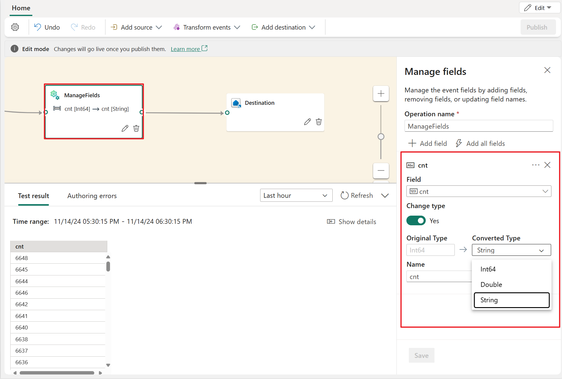 Screenshot che mostra l'operatore Gestisci campi disponibile nell'editor del processore di eventi.