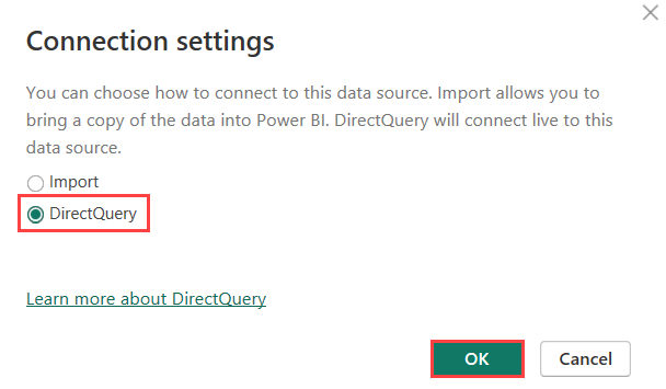 Screenshot del riquadro delle impostazioni di connessione che mostra le due modalità di connettività disponibili. DirectQuery è selezionato.