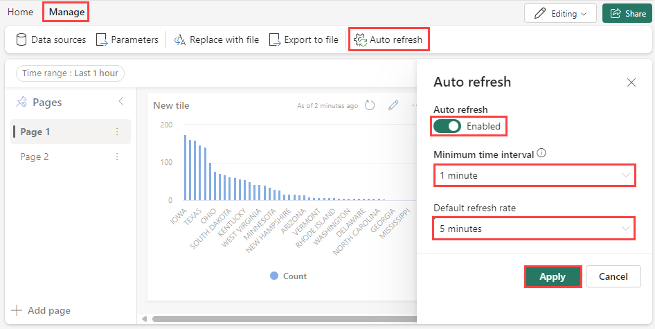 Screenshot del riquadro di aggiornamento automatico nei dashboard in tempo reale.