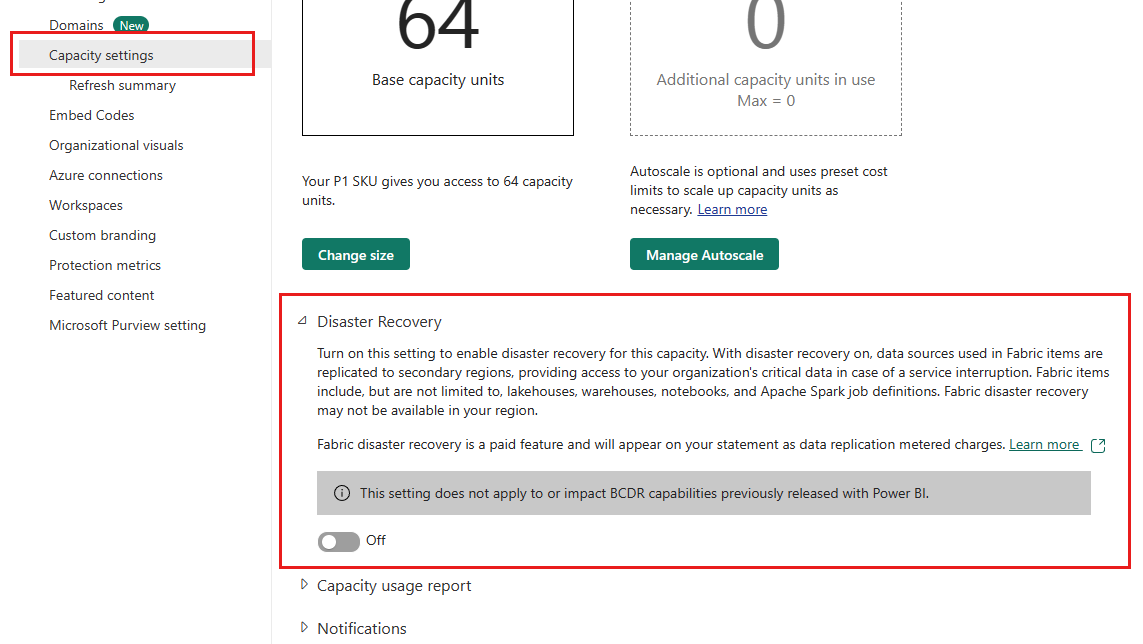 Screenshot dell'impostazione del tenant di ripristino di emergenza.