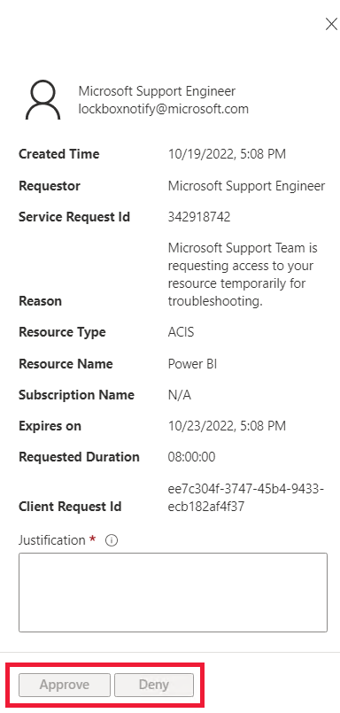 Screenshot dei pulsanti approva e nega di una richiesta di Customer Lockbox in sospeso per Microsoft Azure.