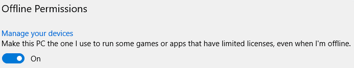 Screenshot of offline permissions to manage your devices. "Make this PC the one I use to run some games or apps that have limited licenses, even when I'm offline."