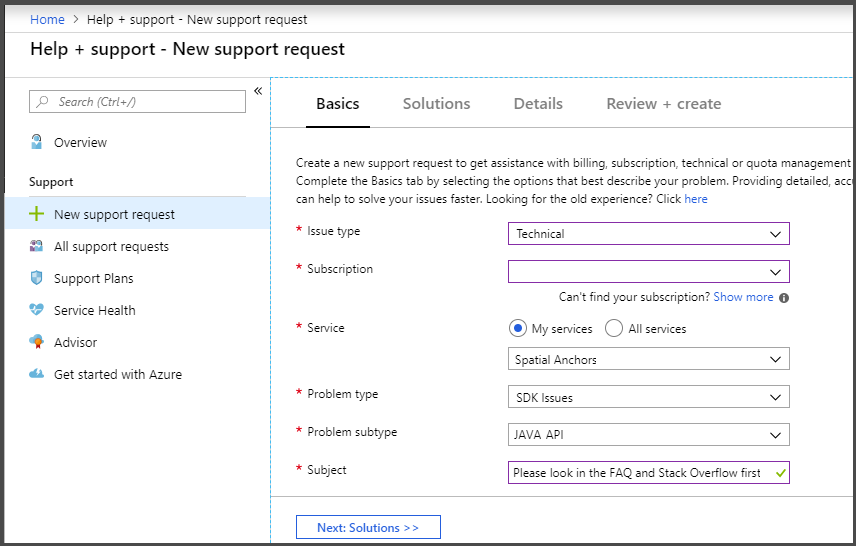 campi ticket di supporto del portale di Azure.