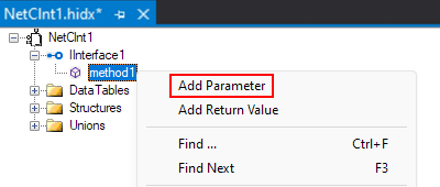 Screenshot che mostra la visualizzazione struttura principale, il menu di scelta rapida del metodo e l'opzione selezionata per Aggiungi parametro.