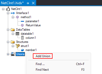 Screenshot che mostra la visualizzazione struttura principale, il menu di scelta rapida Unions e l'opzione selezionata per Aggiungi unione.