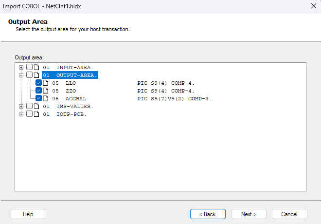 Screenshot che mostra la casella Area di output per la transazione host IMS.