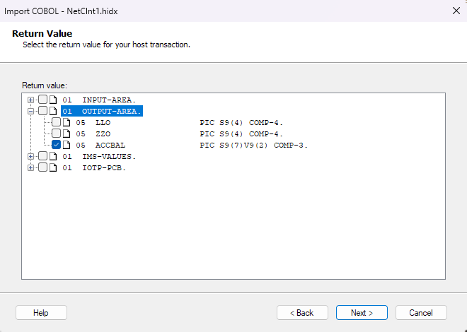 Screenshot che mostra la casella Valore restituito per la transazione host IMS.