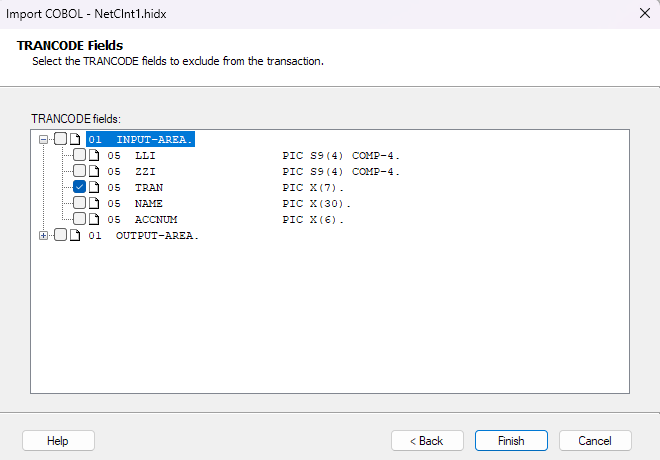 Screenshot che mostra la casella Area campi TRANCODE.