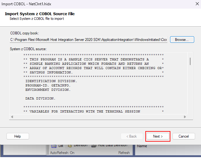 Screenshot che mostra la casella Import System z COBOL Source File con la definizione host selezionata e precaricata per CICS.