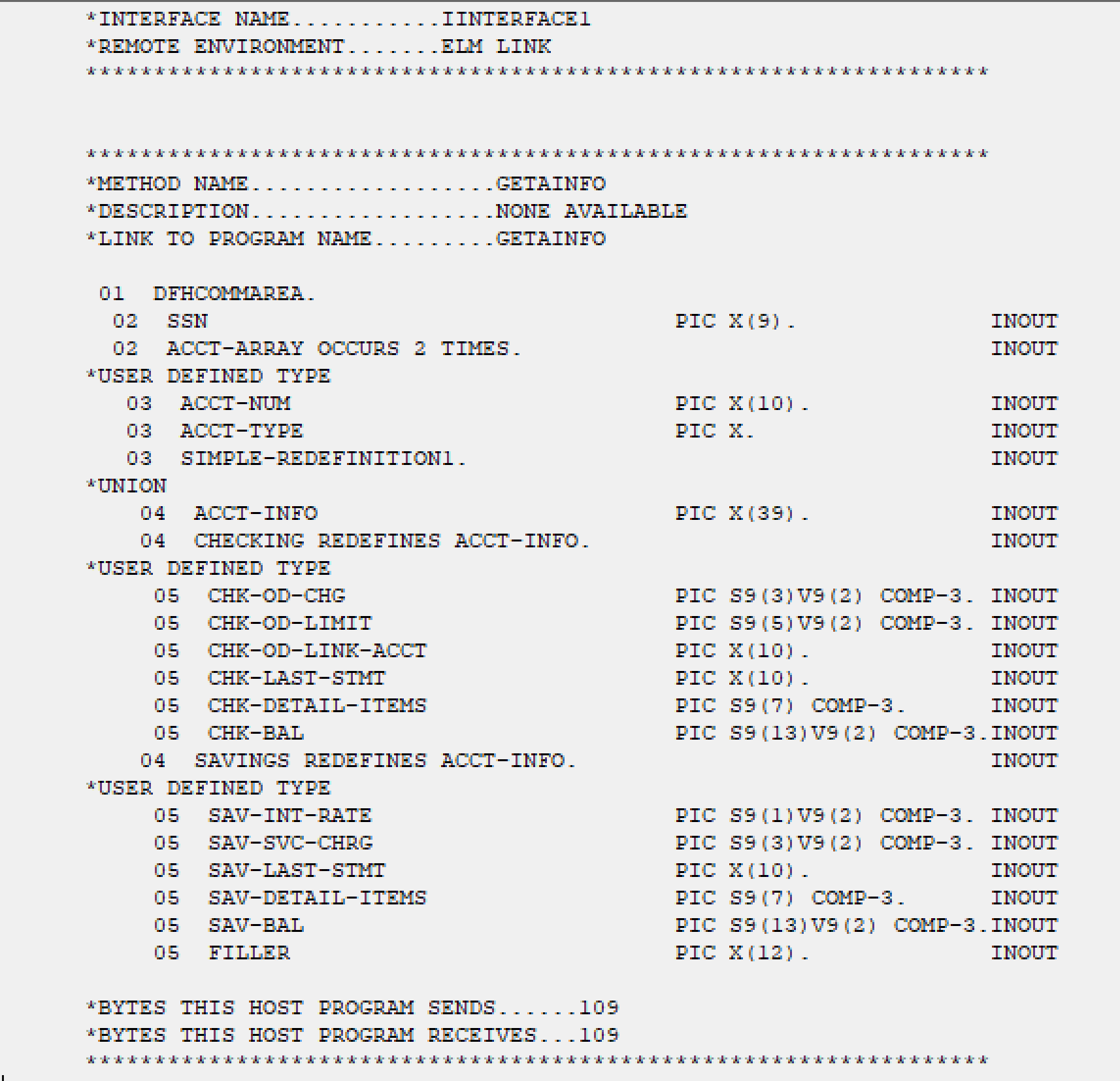 Screenshot che mostra la visualizzazione delle definizioni dell'host analizzata per CICS in HIS Designer.