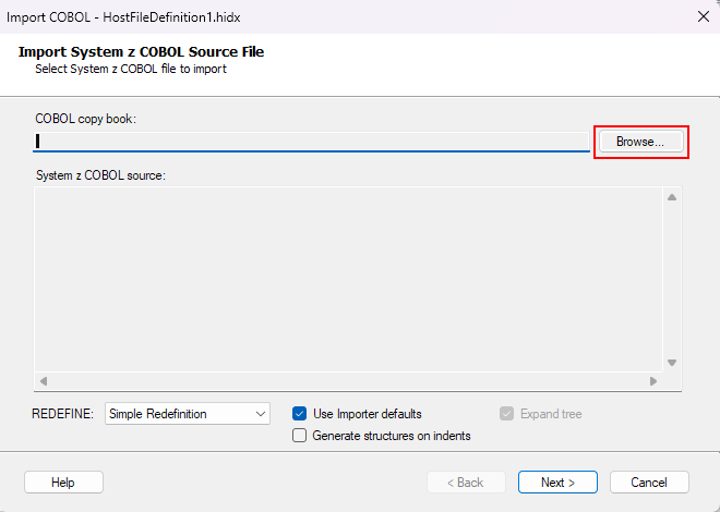 Screenshot che mostra la casella Import System Z COBOL Source File per un file host.