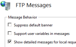 Screenshot della pagina F T P Messages che mostra la sezione Comportamento messaggi con l'opzione Mostra messaggi dettagliati per le richieste locali selezionata.