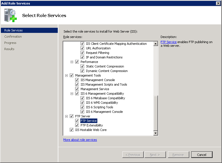 Screenshot della schermata Aggiungi servizi ruolo di Windows Server 2008 R 2. La pagina Seleziona servizi ruolo si trova nel riquadro principale.