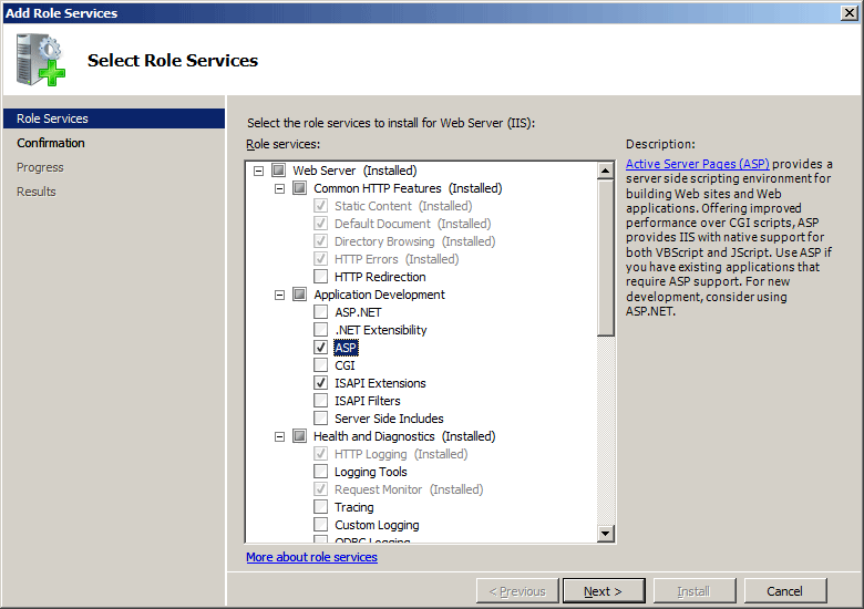 Screenshot della pagina Selezione servizi ruolo della Procedura guidata Aggiungi servizi ruolo in cui è visualizzata l'opzione A S P selezionata.