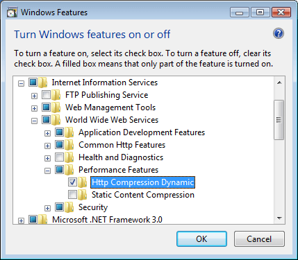 Screenshot della pagina Attiva o disattiva funzionalità di Windows che mostra il nodo Funzionalità prestazioni espanso e H T T T P Common Dynamics selezionato.