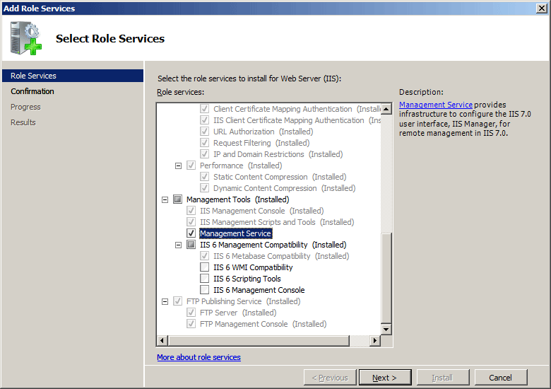 Screenshot del servizio di gestione selezionato in un'interfaccia di Windows Server 2008.